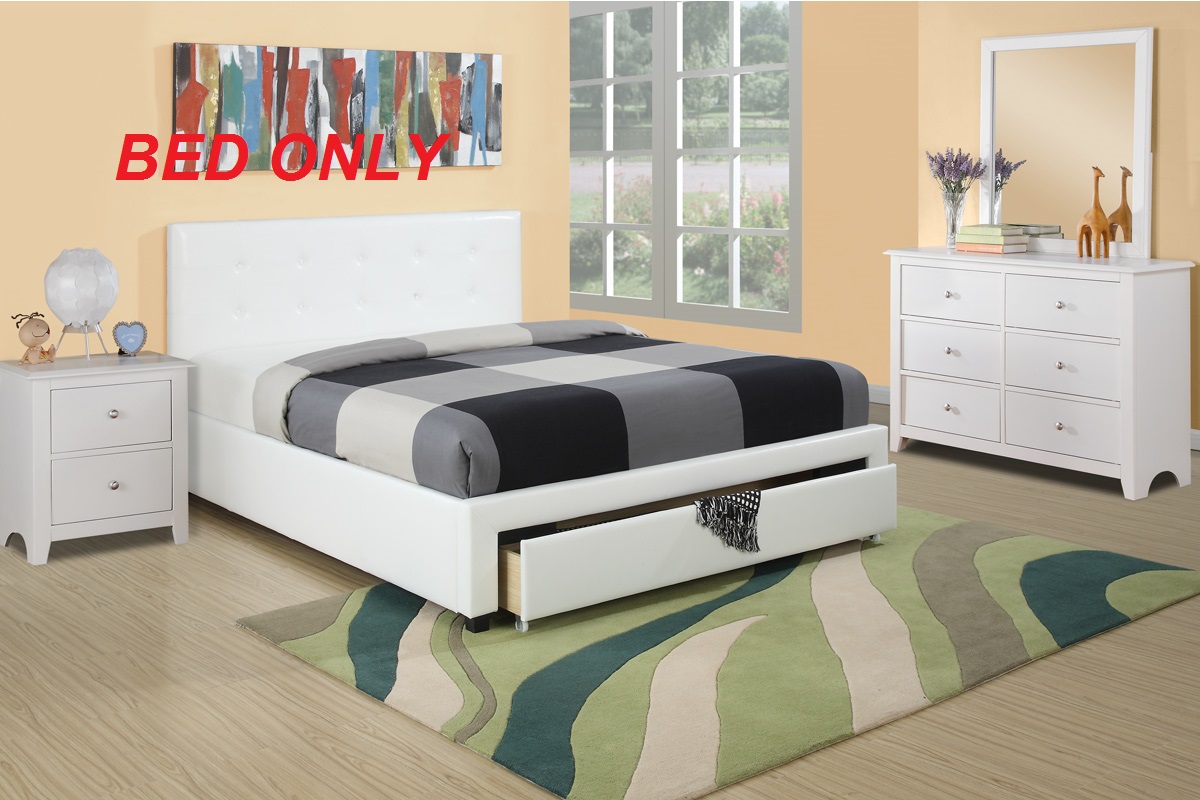 Modern Classic White Full Size Bed Underbed Storage Darwers Wooden Tufted Upholstered Faux Leather 1pc Bedframe Bedroom
