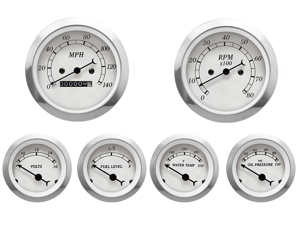 MOTOR METER RACING Classic 6 Gauge Set with GPS Electrical Speedometer Digital Odometer Red Dial White Needle Light Bulb Illumination 85mm 3-3/8" & 52mm 2-1/16"
