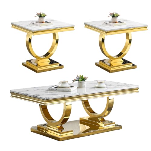 47" White Marble Coffee Table, Modern Rectangular Faux Marble Coffee Table with Silver Mirrored Stainless Steel Pedestal, Elegant Cocktail Center Table Sofa Table for Living Room