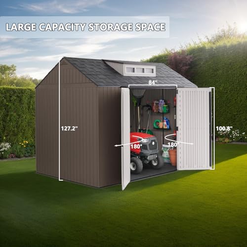 Large Resin Outdoor Storage Shed with Floor (7-10.5 Ft) - Weatherproof Double Wall Construction for Lawn Mowers, Garden Tools, Bike & Pool Supplies, Lockable (Brown, 7x7 FT)
