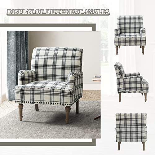 HULALA HOME Modern Accent Chair with Retro Wooden Legs & Nailhead Trim, Comfy Upholstered Armchair Single Sofa for Living Room Bedroom (Plaid, Grey)