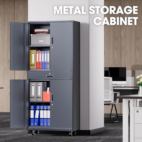 DNA MOTORING 71'' Metal Storage Cabinet, Locking Tool Cabinet with 1 Drawer and Adjustable Shelves, Lockable Heavy Duty Metal Locker for Garage,Office,Home,Gym, Gray, TOOLS-00629-GY-GY-A