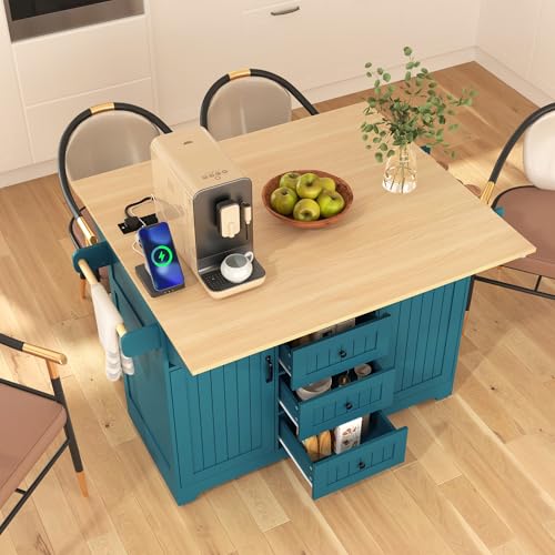Large Kitchen Island Cart with 2 Drop Leaf, Mobile Dining Table with Storage Cabinet, Rolling Kitchen Cart with Power Outlets, 3 Drawers, Spice & Towel Rack