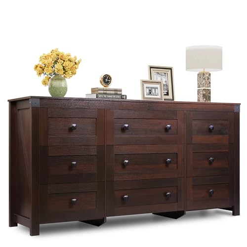 WLIVE 9 Drawer Dressers, Modern Large Wood Dresser Chest for Bedroom Organize with Sturdy Metal Handle, TV Stand for 75 inch TV, Living Room Office, Hallway, Ball Bearing Slide, Grey Oak (63" W)