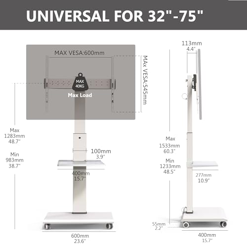 FITUEYES Rolling TV Stand - Portable Mobile TV Cart on Wheels for 32 to 75" TVs, Landscape to Portrait Rotating and 40°Swivel, Height Adjustable TV Cart Rolling TV Stand with 1 Shelf Hold Up to 88 Lbs