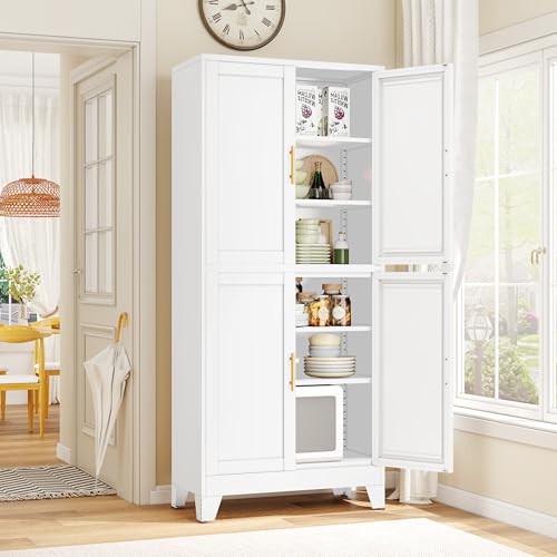 75.2" Tall Metal Pantry Cabinet, Storage Cabinets with 4 Door and 4 Adjustable Shelves, Black Kitchen Pantry Storage Cabinet, Freestanding Cupboard for Kitchen Dining Room Living Room Bathroom