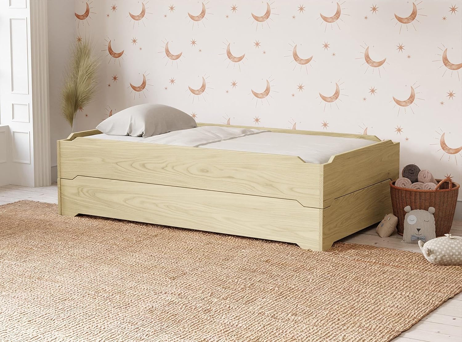 Stackable Beds - Set of Two - Twin over Twin Wooden Bed Floorbed Frame Unfinished -Easy to Assemble Solid Pine Wooden Bed Frame