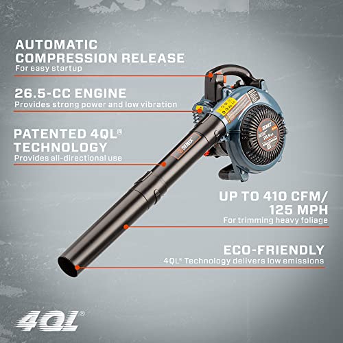 SENIX 4QL 26.5 cc 4-Cycle Handheld Gas Leaf Blower, Up to 410 CFM and 125 MPH, Easy Start, Lightweight, Dual Grip Handle (BL4QL-L)