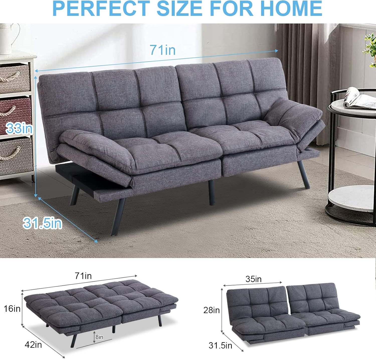 MUUEGM Futon,Convertible Futon Sofa Bed,Memory Foam Futon Couch,Futon Bed,Sofa Bed Couch,Modern Love seat Sofa,Sleeper Splitback Sofa for Compact Space,Apartment,Office,Living Room,Grey