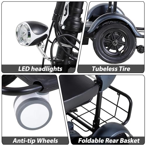 Powered Mobility Scooters Folding Blue 3-Wheel Mobility Scooter, 20 Miles Range, 11.5 Mph, 300W Electric for Adults & Elderly, with LED Headlights, Detachable Cooler Box, Charger Included