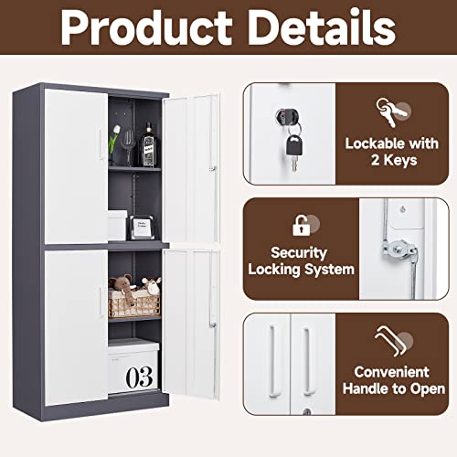 Metal Garage Cabinets, 72" Tall Locking Storage Cabinets with 2 Doors and 5 Adjustable Shelves, Steel Utility Tool Cabinet, Black Lockable Outdoor Storage Cabinet for Pantry, Garage, Home Office