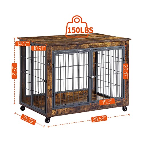 IchbinGo Wooden Dog Crate Table Furniture, 38.5" Dog Kennel with 3 Doors, Flip-up Top Opening and Wheels, Decorative Pet Crate Dog House for Large/Medium/Small Dog Indoor Use (Rustic Brown)