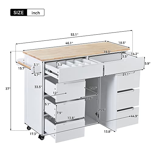 Utility Kitchen Island with Storage Cabinet on Wheels,Wooden Rolling Kithcen Island Cart with 8 Drawers, Rubber Wood Countertop, Spice and Towel Racks, Adjustable Shelves, White