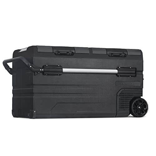 Newair Portable 80 Qt. Electric Car Camping Cooler with 4 Battery Protection Modes, Dual Zone Fridge and Freezer Storage, Retractable Handle, Outdoor Wheels and Rugged Construction