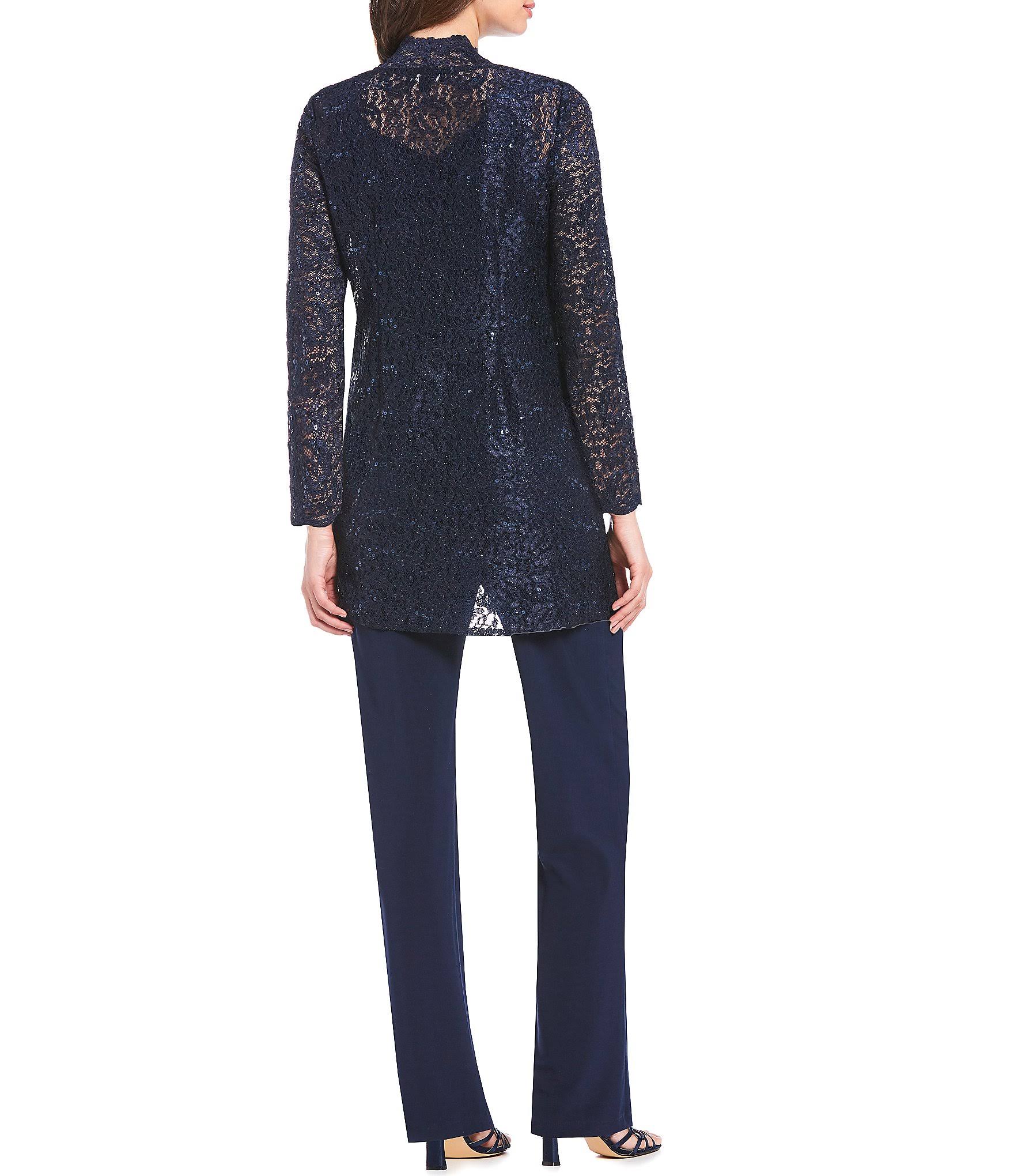 R M Richards 3-Piece Sequin Glitter Scallop Lace Duster Pant Set - 10