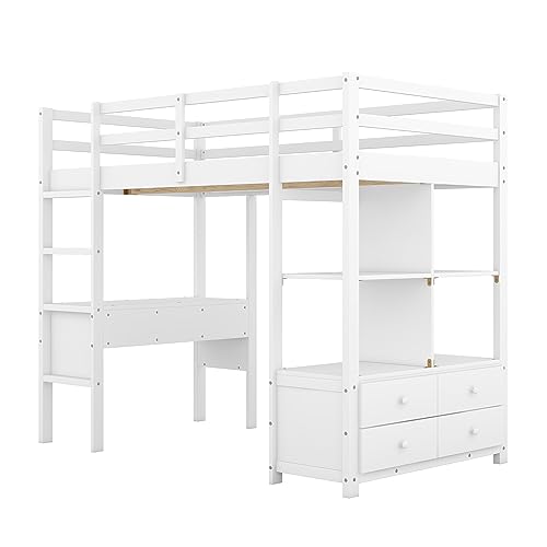 Twin Loft Bed, Saving Space Beds Frame with Desk, Storage Shelves, Drawers, Ladder, Guardrail, Solid Wood Loft Bed, Bedroom Furniture for Living Room Kids Teens Bedroom
