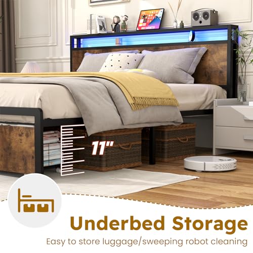 Full Size Bed Frame with Headboard, LED Platform Bed Frames with 4 Storage Drawers, Built in Charging Station, Noise Free, Stable and Solid, No Box Spring Needed, Gray
