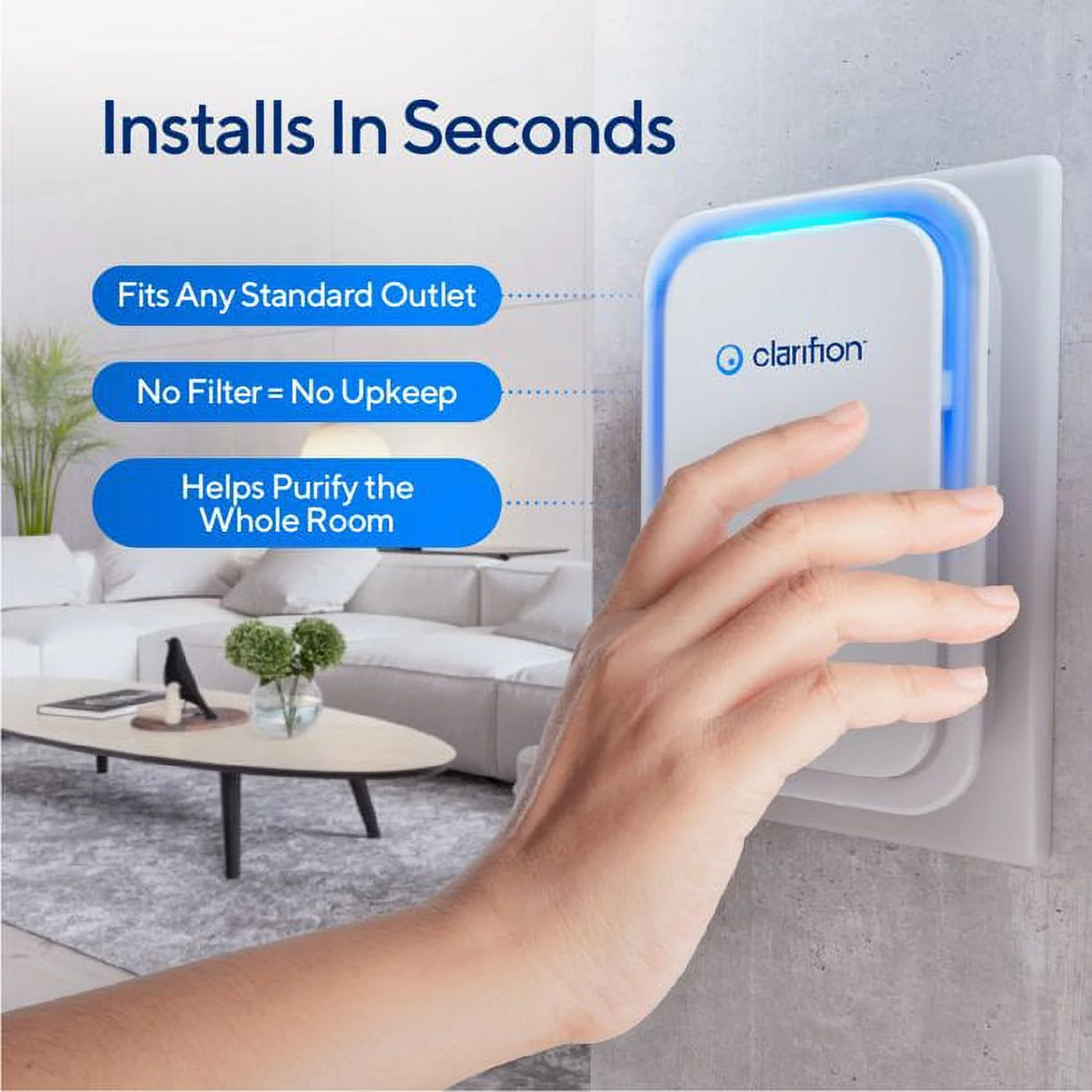 Clarifion - Negative Ion Generator with Highest Output (6 Units) Filterless Mobile Ionizer, Plug in, Eliminates: Smoke, Viruses, Allergens & More