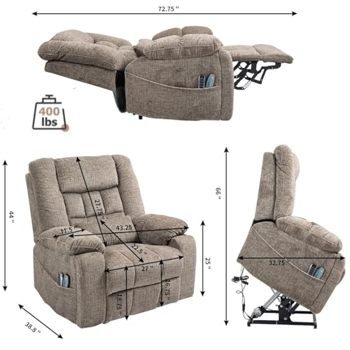 Light Grey Recliner Chair for Elderly | Tall and Big Man 400lbs | Chenille | Power Lift, Lay Flat, Stand Up, Wireless Charging Device, Extended Footrest, Massage Heat, Cup Holder, Lumbar Pillow