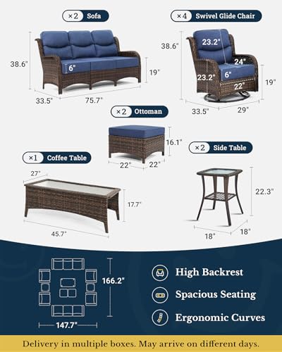 Luxury Patio Furniture Set with 6-inch Thick Cushion, Outdoor Couch and High Back Swivel Rocker Patio Chairs, 7PCS Wicker Conversation Set for Deck, Yard, and Poolside in Blue (V2)