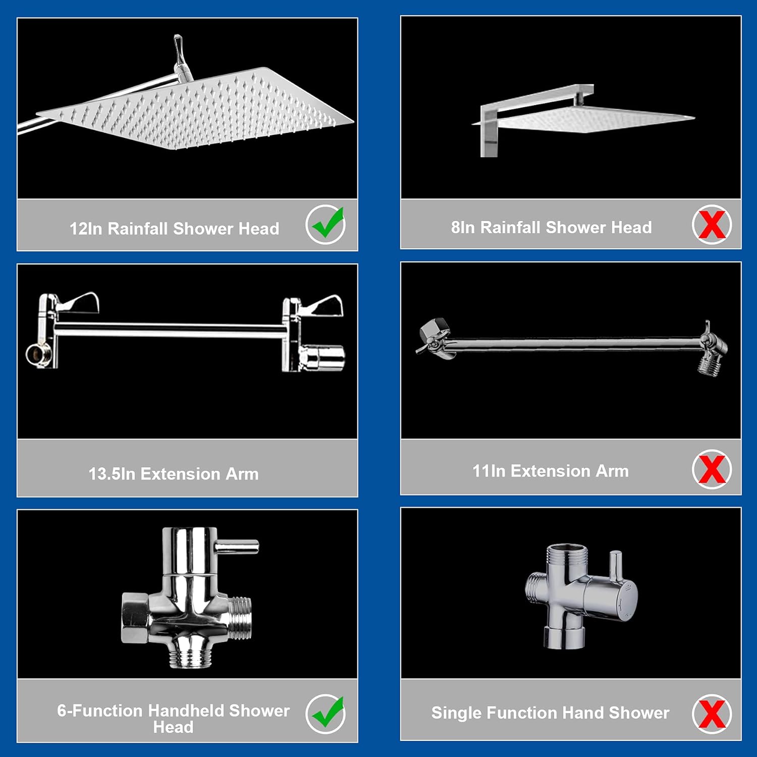 12 Inch Square Rain Shower Head with Handheld Shower Combo, High-Pressure Rainfall Shower Head with 13.5" Extension Arm, 6-Setting Handheld Showerhead with Hose & Holder (12") Pack of 2