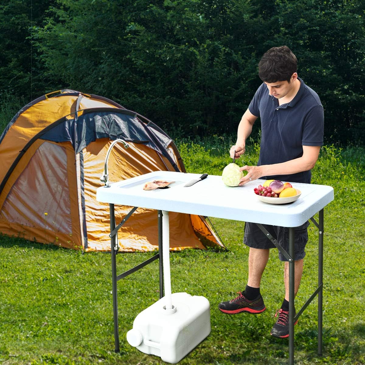 Giantex Folding Fish Cleaning Table, Camping Table with Sink and Faucet, Picnic Table with Drain Hose, Outdoor Cutting Table, Portable Fish Table, 45x 23.6x 37.4