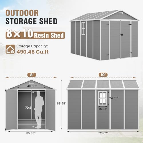 Outdoor Storage Shed, 6x6 FT Resin Shed with Floor and Lockable Door, Window, Vents, Tool Sheds and Outdoor Storage for Bike, Garden Accessories, Tools, Waterproof (Grey & White)