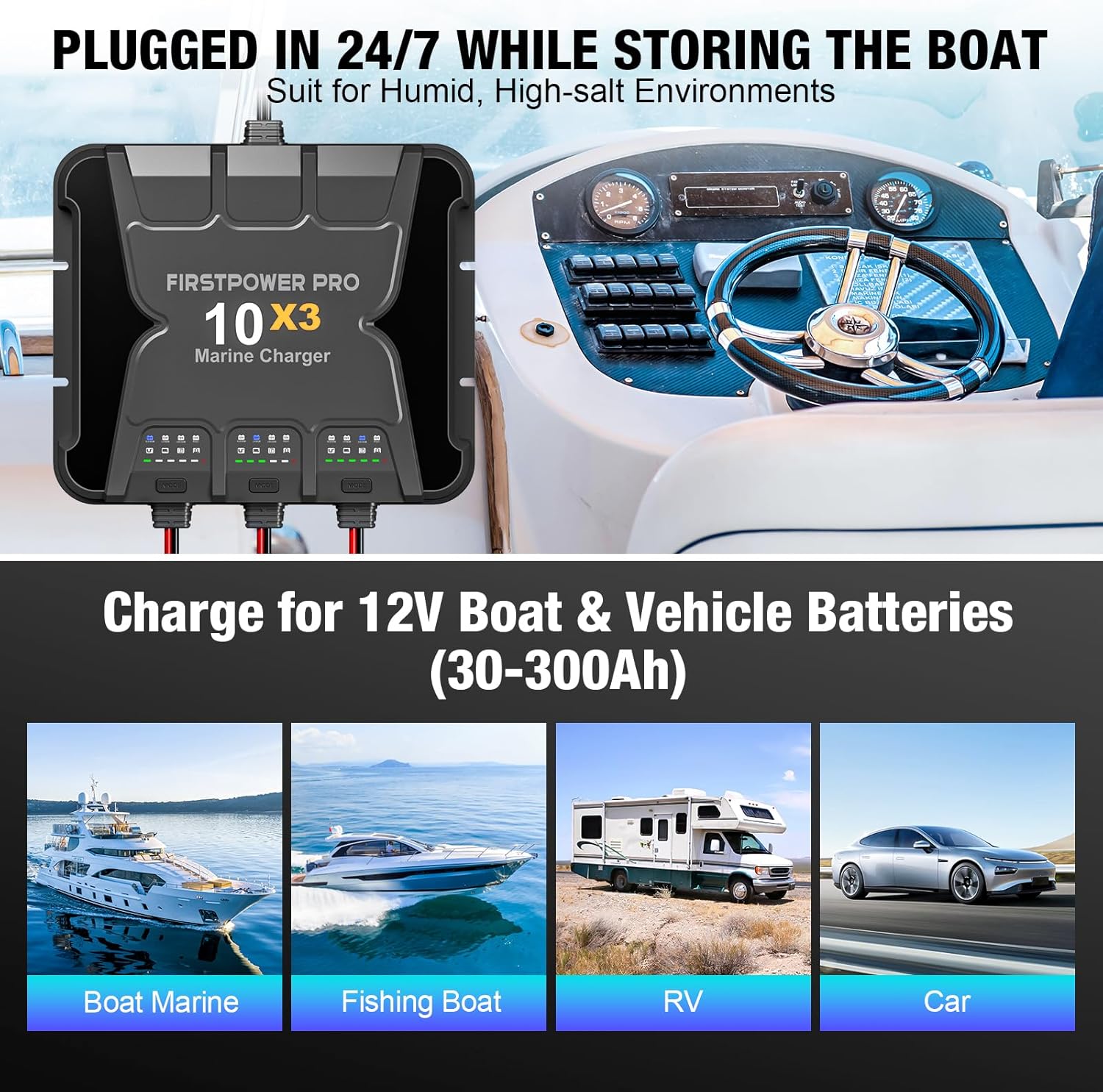 3 Bank Marine Battery Charger 10X3, 30A (10A/Bank) - 12V Waterproof Onboard Battery Charger, Battery Maintainer & Desulfator for SLA/AGM, Lithium (LiFePO4), Calcium & Deep-Cycle Battery - Charged 24/7