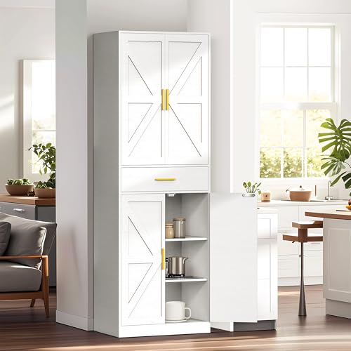 71" Tall Kitchen Pantry Storage Cabinet with 4 Doors & Drawer, Adjustable Shelves, Farmhouse Cupboard, Freestanding Cabinet with Door Shelves for Dining Room/Living Space, Black