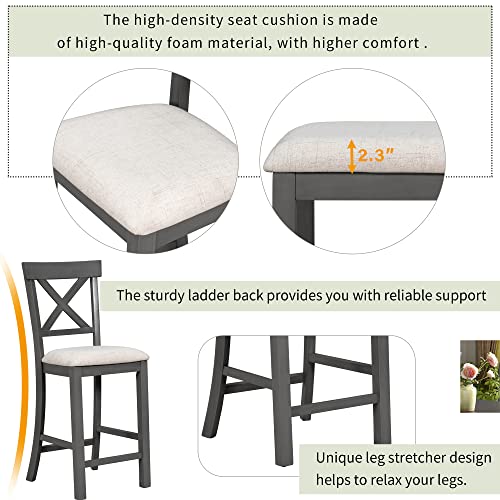 UBGO 6 6,6-Piece Counter Height Set Table with Shelf 4 Chairs and Bench for for Kitchen, Dining Room,Breakfast Corner, Gray-b