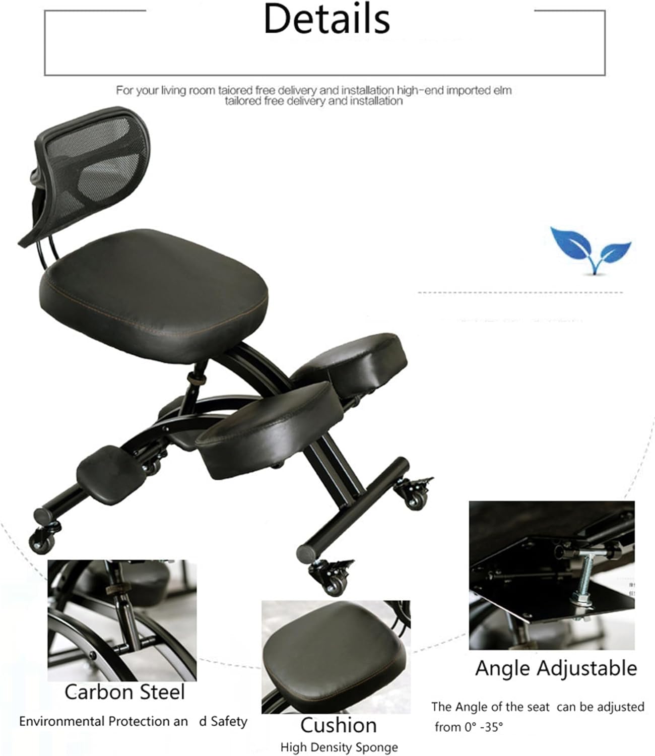 Ergonomic Kneeling Chair with Backrest, Rolling Posture Correction Kneeling Chair Adjustable Posture Knee Stool Chair for Home Office, Black
