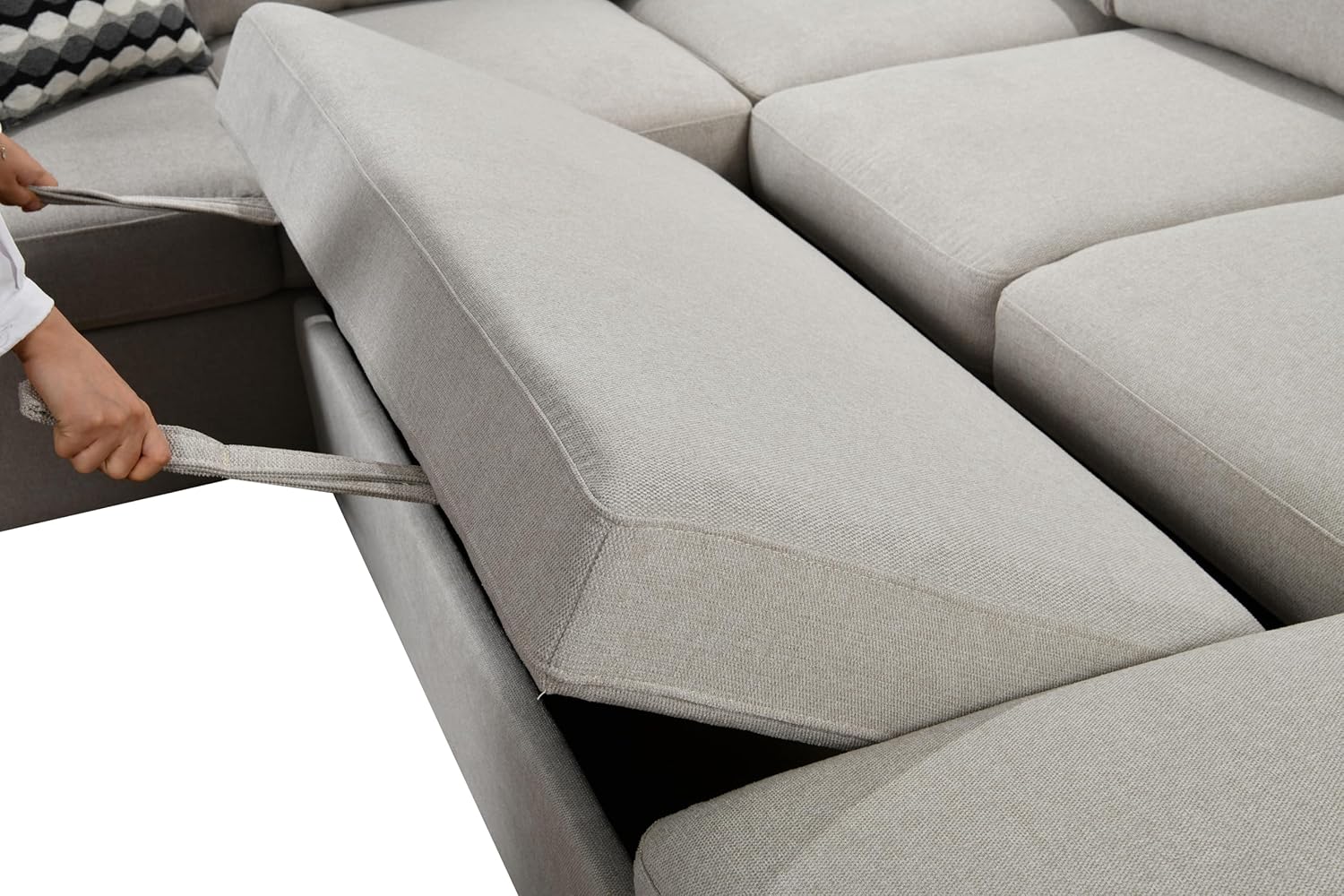 125'' Modern U Shaped 8 Seat Sectional Cabinet,Sofa Storage Chaise-Pull Out Couch Bed for Living Room, Beige