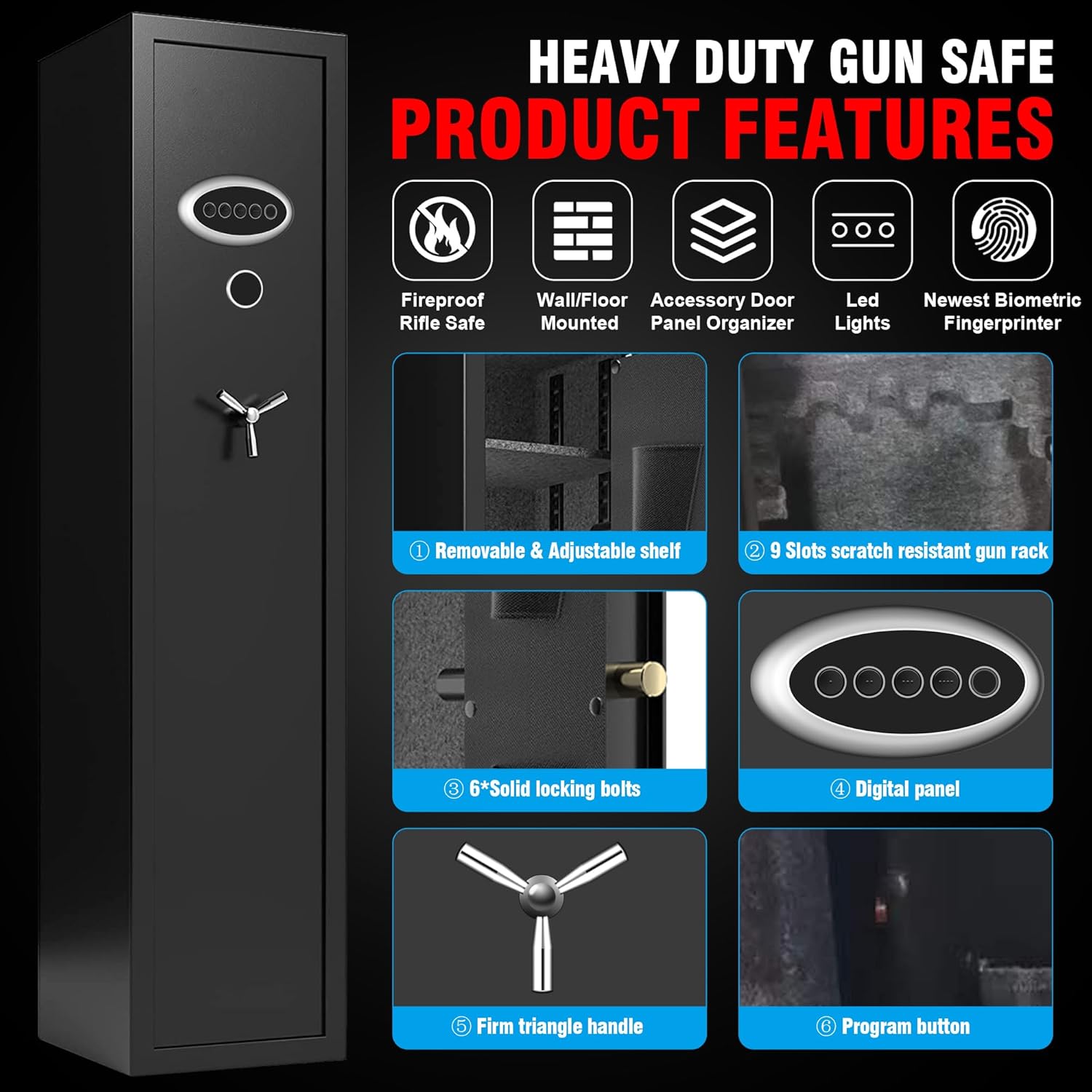 7-8 Extra Large Gun Safes for Home Rifle and Pistols, Heavy Duty Anti-Theft Gun Safes for Rifles and Shotguns, Home Rifle Safe with Removable Gun Rack, LED Light and Pistol Pockets