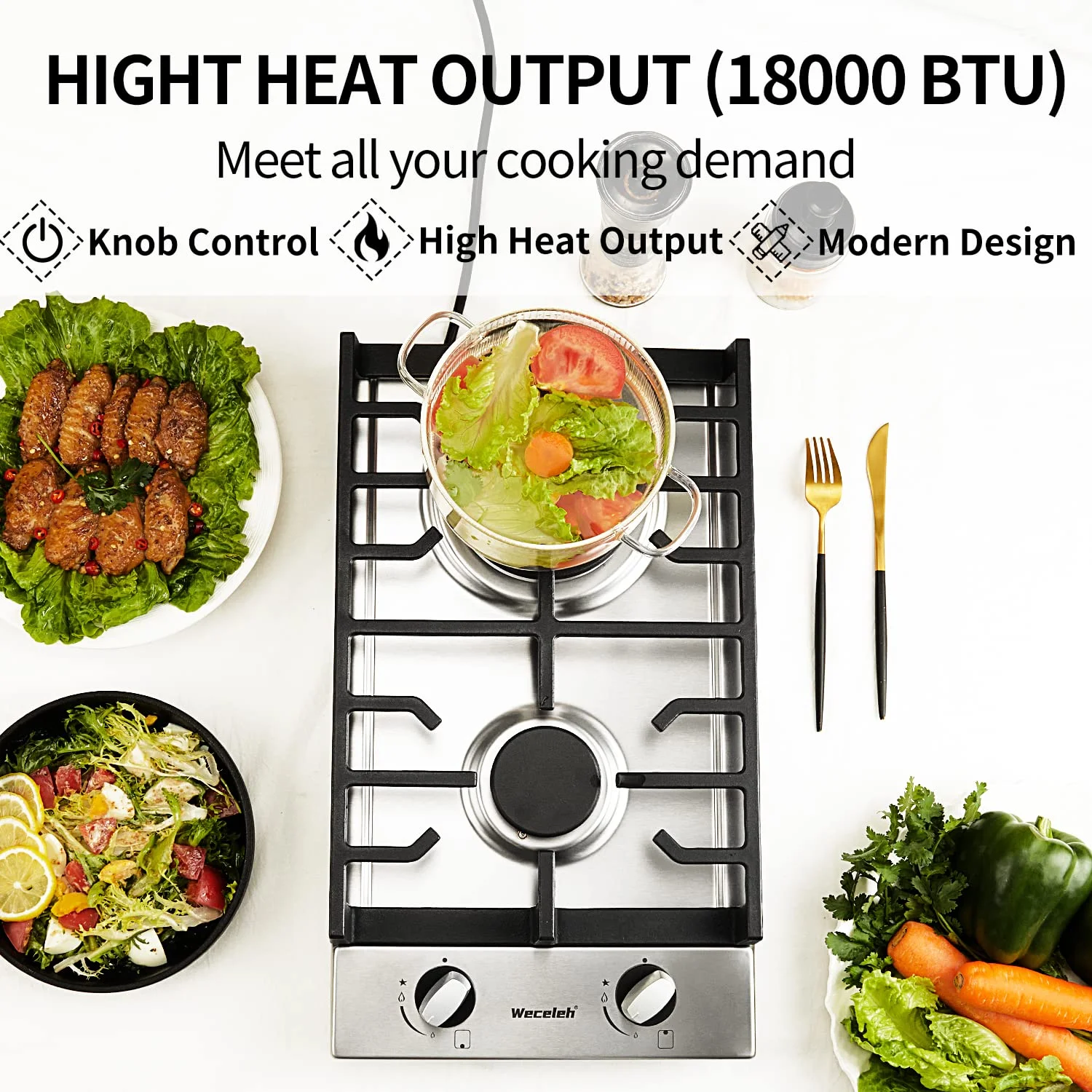 12" Dual Fuel 2 Burner Cooktop with Dual Size Power Burner,Stainless Steel Gas Stove