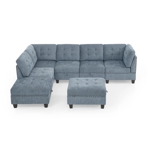 L Shape Chenille Modular Sectional Sofa, Combination Includes Three Single Chair,Two Corner and Two Ottoman