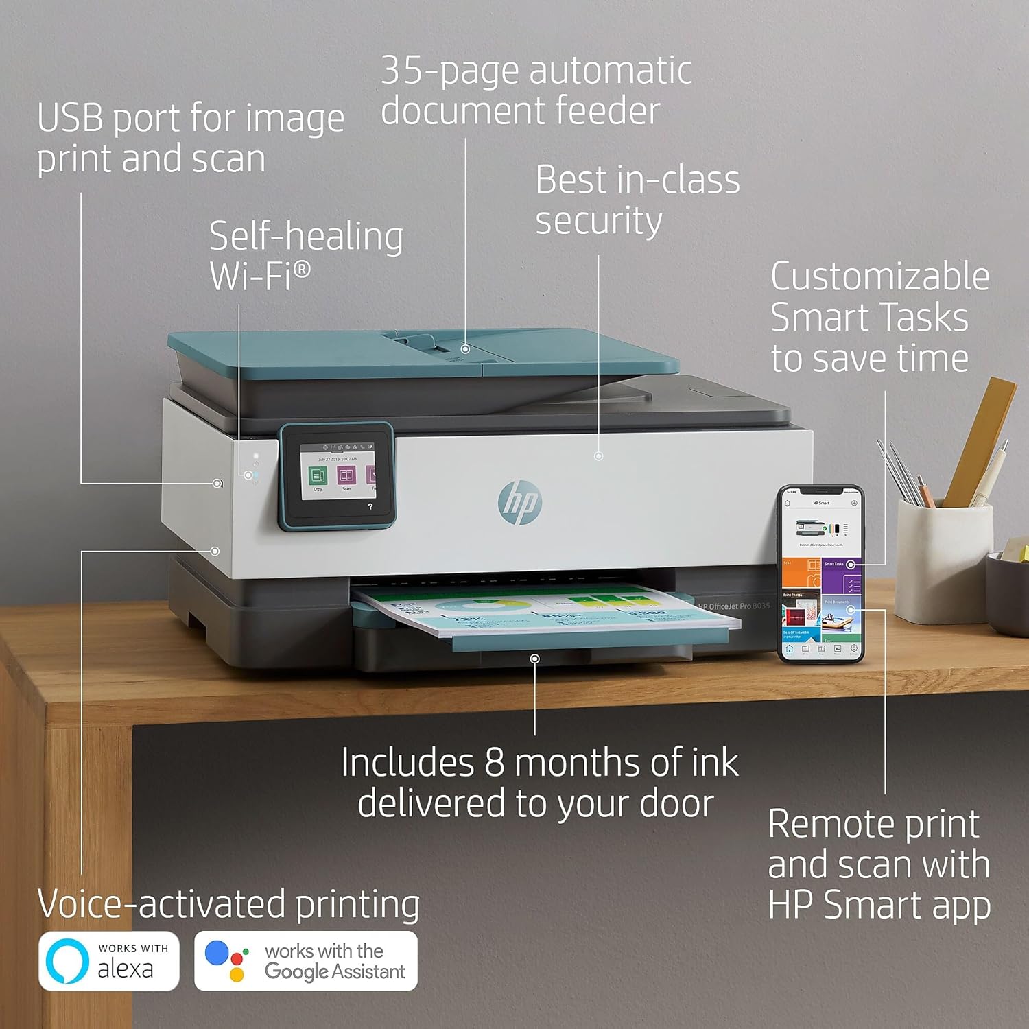 HP OfficeJet Pro 8035 All-in-One Wireless Printer - Includes 8 Months of Ink, HP Instant Ink, Works with Alexa - Oasis (3UC66A)