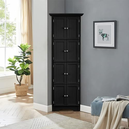 72" Tall Corner Storage Cabinet with Doors and 4 Shelves, Modern Floor Freestanding Tall Cabinet Storage Unit for Living Room, Kitchen, Office, Bedroom, Bathroom, Easy to Assemble - Black