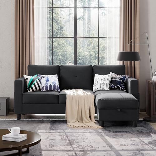 Shintenchi Convertible Sectional Sofa Couch, Modern Linen Fabric L-Shaped, 3-Seat Sofa Sectional with Storage Function Ottoman/Armrest Reversible Chaise for Living Room and Small Space (Black)