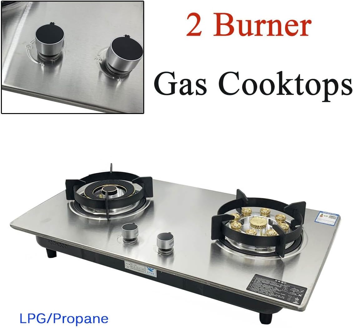 28 inch 2 Burners Cooktop, Built-in Stainless Steel StoveTop LPG Gas Hob with Thermocouple Protection for Outdoor, Kitchen, Camping, RV