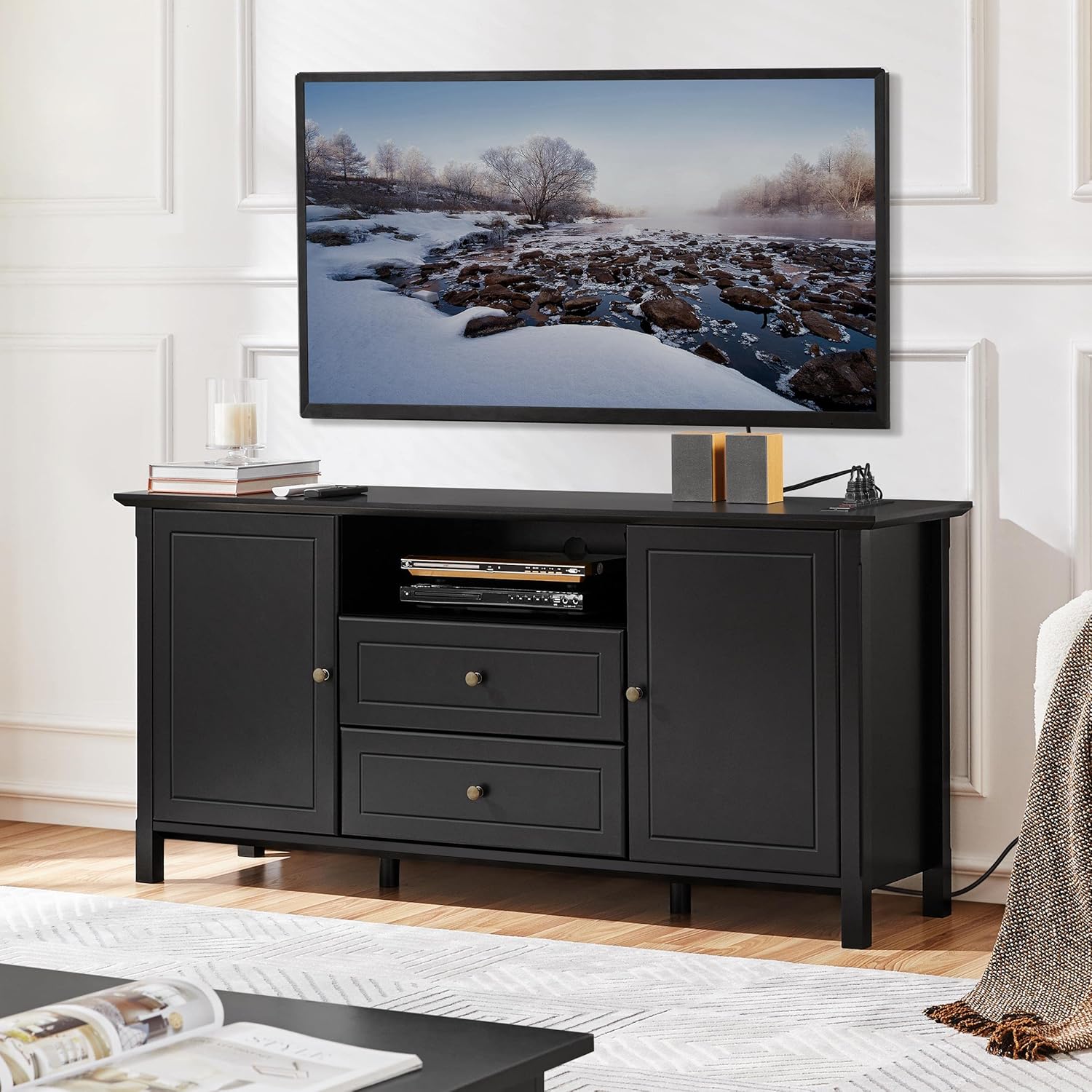Topeakmart Black Media Entertainment Center with Power Outlet & Storage Cabinets, Elegant TV Stand with Adjustable Shelves for Living Room, 58 in TV Console Table for TVs up to 65 in