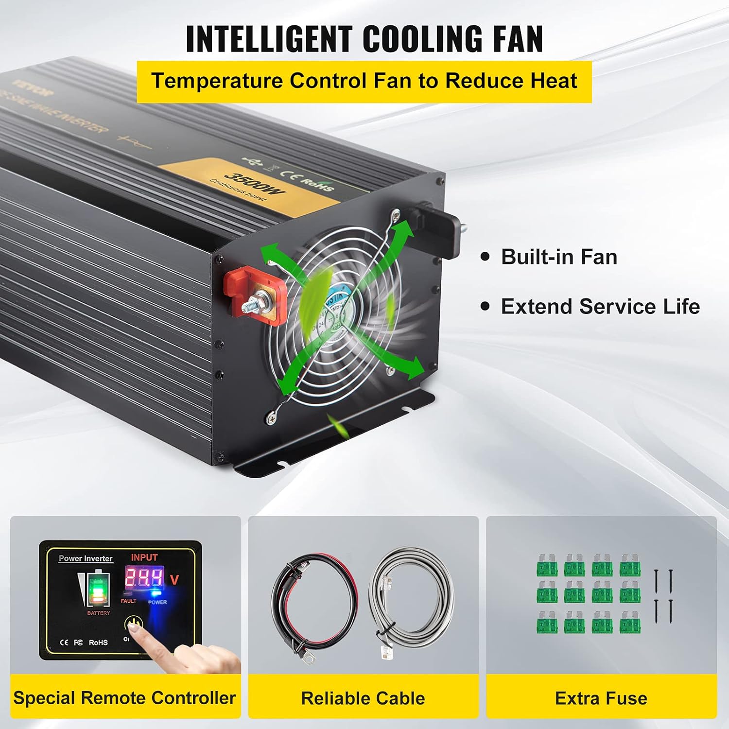 VEVOR Pure Sine Wave Inverter, 3500 Watt Power Inverter, DC 24V to AC 120V Car Inverter, with USB Port, LCD Display, and Remote Controller Power Converter, for RV Truck Car Solar System Travel Camping
