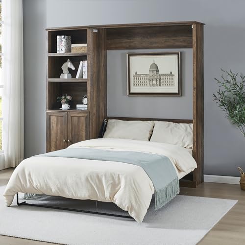 Queen Size Murphy Bed Wall Bed with a Storage Shelf, Space-Saving Wall Bed for Multipurpose Guest Room or Home Office - Gray