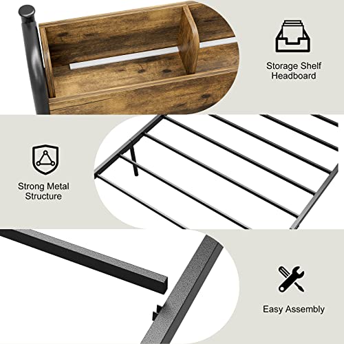 Queen Bed Frame with LED Lights and Charging Station, Queen Platform Bed with Storage Shelf Headboard, Strong Metal Slats Support, No Box Spring Needed, Noise Free, Easy Assembly - Black