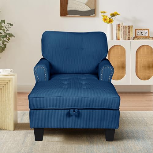 63" Sleeper Chaise Lounge Indoor，2 in1 Modern Corduroy Fabric Upholstered Recliner Sofa Bed with Adjustable backrest & Storage Space for Bedroom, Living Room，Office (Blue Corduroy)