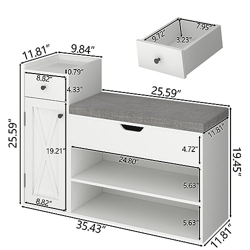 Loomie Shoe Storage Bench, 2-Tier Farmhouse Entryway Bench with Sliding Barn Door Storage Cabinets & Full Soft Removable Seat Cushion, Silm Shoe Rack with Shoe Cabinet for Entryway, Hallway, Bedroom