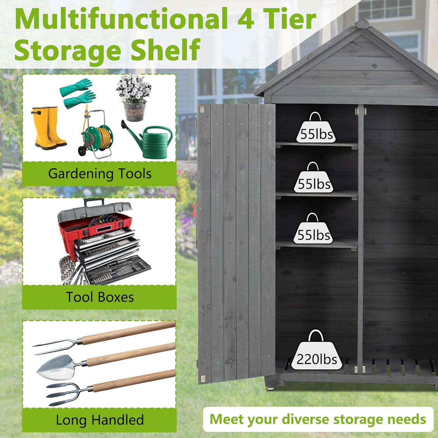 3x2 FT Outdoor Wooden Storage Shed with Lockable Door, Waterproof Asphalt Roof, Detachable Shelves, Outside & Indoor Tool Shed for Garden Backyard Lawn