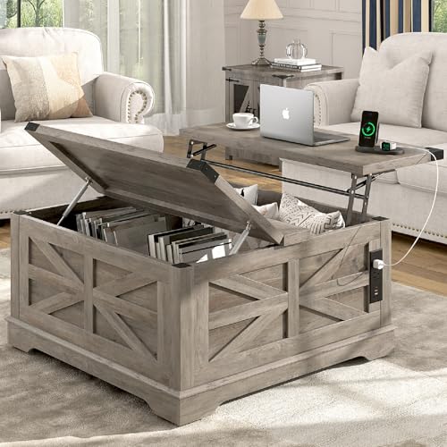 36" Farmhouse Movable Lift Top Coffee Table with Storage and Power Outlets, Square Wood Living Room Tables with Wheels&Large Hidden Space, Lift Wooden Barn Door Center Table, White