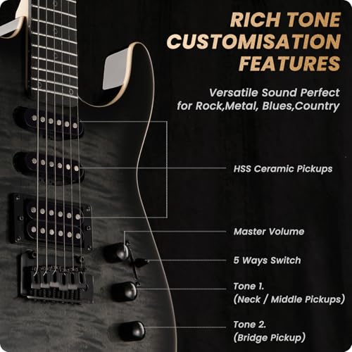 39" Solid Body Electric Guitar: Electric Guitar Kit with Bone Nut, Full Size 6 String Guitars with 24 Frets, Poplar Body AAA Flame Maple Top, Guitarra Electrica with HSS Ceramic Pickup,Black