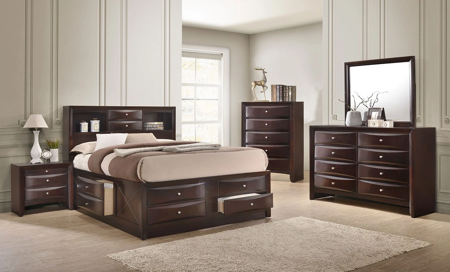 Contemporary King Size 4pc Captains Bed Set Storage Drawers Cherry Finish Wooden Bedroom