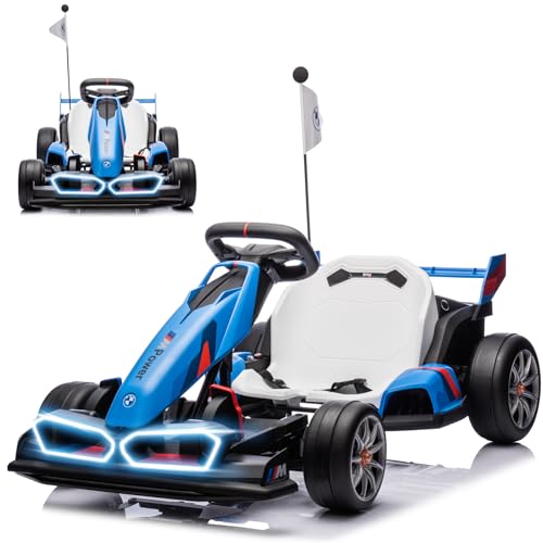 36V Electric Go Kart for Kids, Licensed BMW Battery Powered Drift Racing Go Kart, 7.5 MPH Drift Kart with Dual 300W Powerful Motor, Kids Race Pedal Go Karting Car w/Adjustable Speed, White